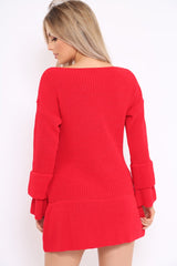 Red Bell Sleeve Extreme Hem Chunky Knit Jumper Dress - Paige-Dresses