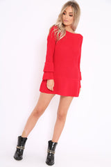 Red Bell Sleeve Extreme Hem Chunky Knit Jumper Dress - Paige-Dresses