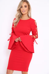 Red Bell Sleeved Dress with Lace up Detail - Faith-Dresses