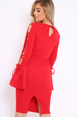 Red Bell Sleeved Dress with Lace up Detail - Faith-Dresses