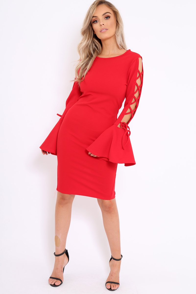 Red Bell Sleeved Dress with Lace up Detail - Faith-Dresses