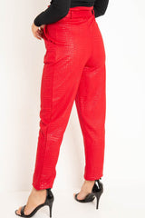 Red Belted Croc Print Tapered Trousers - Aasia-Trousers