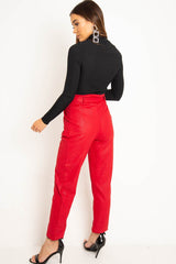 Red Belted Croc Print Tapered Trousers - Aasia-Trousers