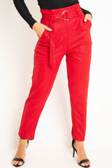 Red Belted Croc Print Tapered Trousers - Aasia-Trousers