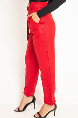 Red Belted Croc Print Tapered Trousers - Aasia-Trousers