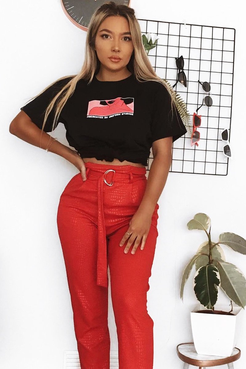 Red Belted Croc Print Tapered Trousers - Aasia-Trousers