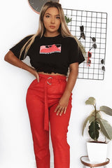 Red Belted Croc Print Tapered Trousers - Aasia-Trousers