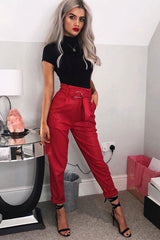 Red Belted Croc Print Tapered Trousers - Aasia-Trousers