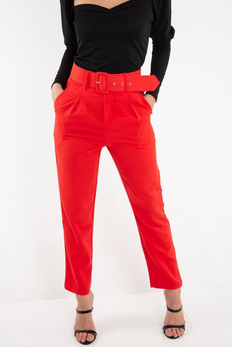 Red Belted Tapered Peg Trousers - Jessika-Trousers