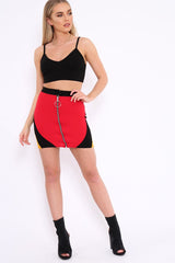 Red Black And Mustard Colour Block Zip Front Mini Skirt and Bralet Co-ord - Kacey-Co-ords