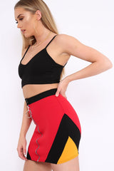 Red Black And Mustard Colour Block Zip Front Mini Skirt and Bralet Co-ord - Kacey-Co-ords