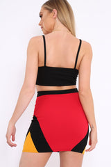 Red Black And Mustard Colour Block Zip Front Mini Skirt and Bralet Co-ord - Kacey-Co-ords