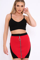 Red Black And Mustard Colour Block Zip Front Mini Skirt and Bralet Co-ord - Kacey-Co-ords