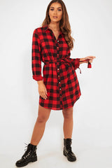 Red Black Check Chiffon Shirt Dress - Elyzah-Dresses