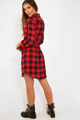 Red Black Check Chiffon Shirt Dress - Elyzah-Dresses