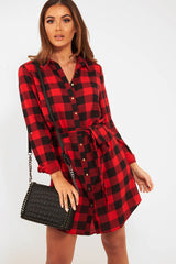 Red Black Check Chiffon Shirt Dress - Elyzah-Dresses