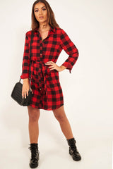 Red Black Check Chiffon Shirt Dress - Elyzah-Dresses