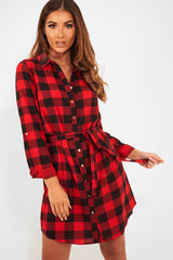 Red Black Check Chiffon Shirt Dress - Elyzah-Dresses