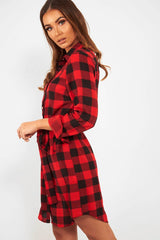 Red Black Check Chiffon Shirt Dress - Elyzah-Dresses