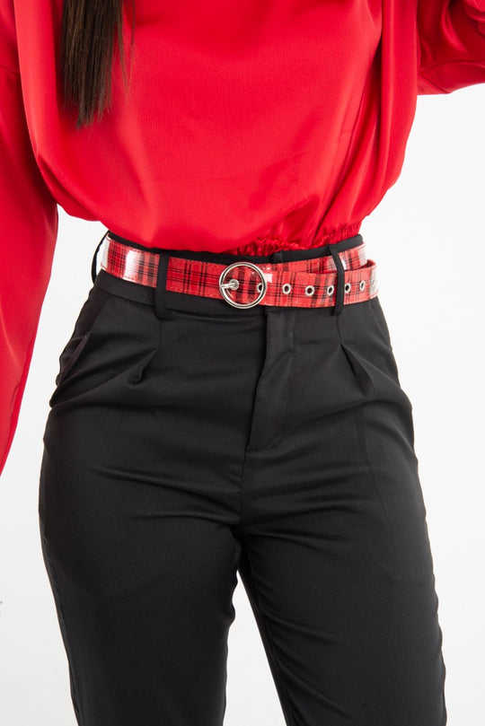 Red Black Check Patent Circle Belt - Fara