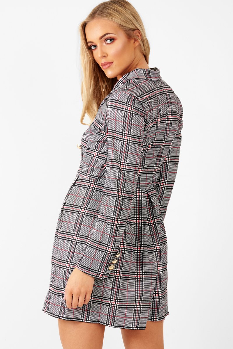 Red Black Check Wrap Blazer Dress - Emry-Dresses