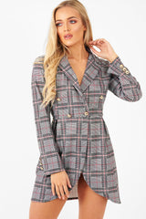 Red Black Check Wrap Blazer Dress - Emry-Dresses