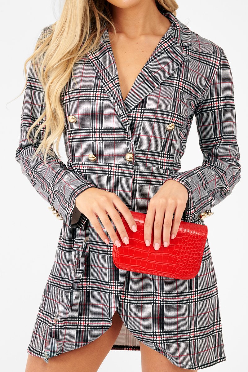 Red Black Check Wrap Blazer Dress - Emry-Dresses