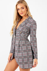 Red Black Check Wrap Blazer Dress - Emry-Dresses