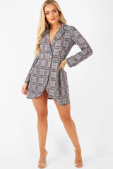 Red Black Check Wrap Blazer Dress - Emry-Dresses