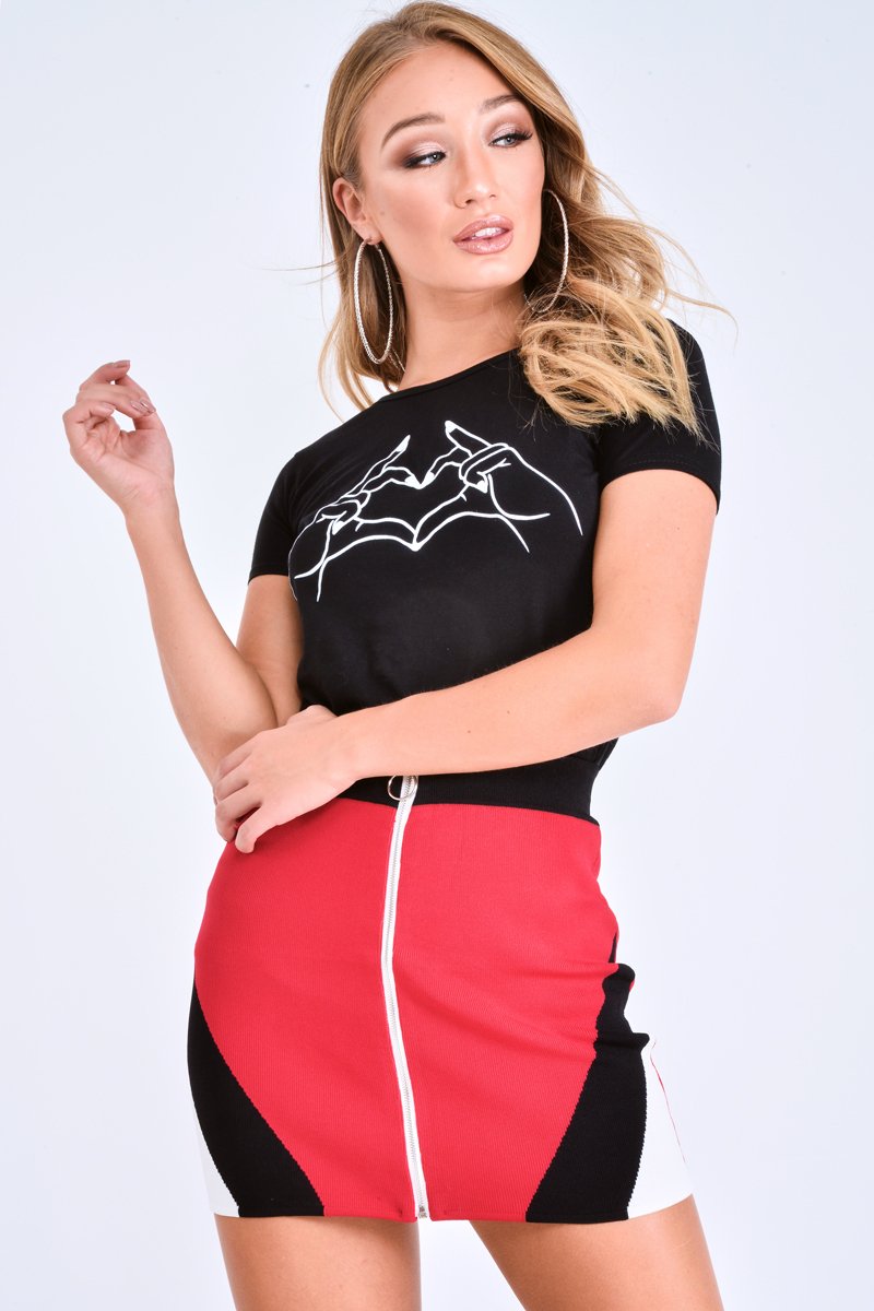 Red Black Knit Colour Block Zip Front Mini Skirt - Aariel-Skirts