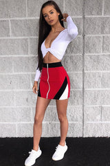 Red Black Knit Colour Block Zip Front Mini Skirt - Aariel-Skirts