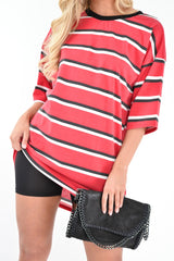 Red Black Stripe Oversized T-Shirt Dress - Rayelle-Dresses