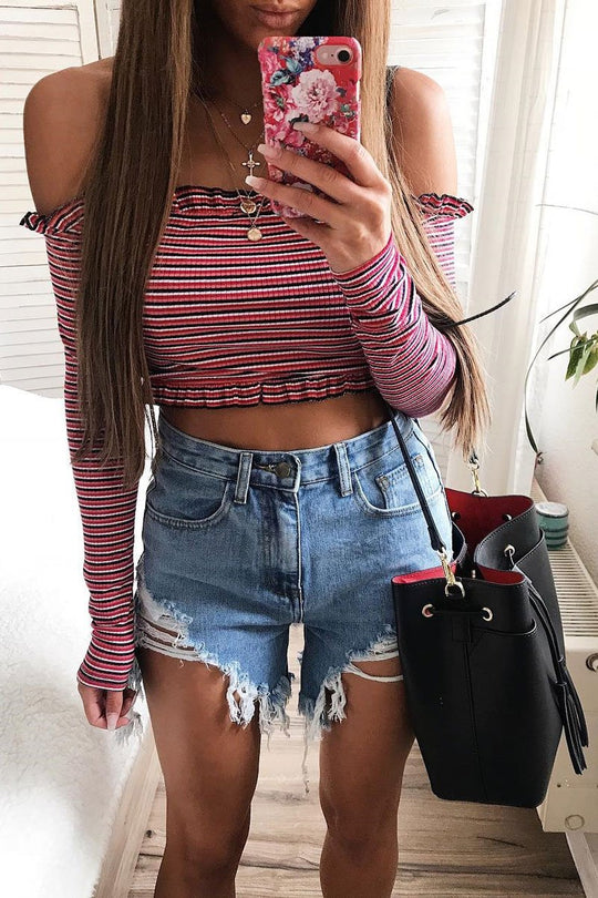 Red Black White Stripe Hem Top - Forever