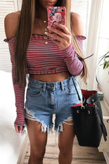 Red Black White Stripe Hem Top - Forever-Tops