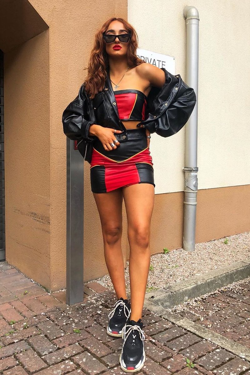 Red Black and Mustard PU Co-ord Set - Skye-Co-ords