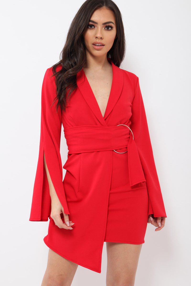 Red Blazer Dress with Ring Belt Detail - Emilie-Dresses