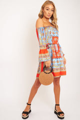 Red Blue Bardot Belted Scarf Print Dress - Kessa-Dresses