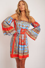 Red Blue Bardot Belted Scarf Print Dress - Kessa-Dresses