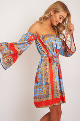 Red Blue Bardot Belted Scarf Print Dress - Kessa-Dresses
