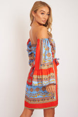 Red Blue Bardot Belted Scarf Print Dress - Kessa-Dresses