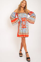 Red Blue Bardot Belted Scarf Print Dress - Kessa-Dresses