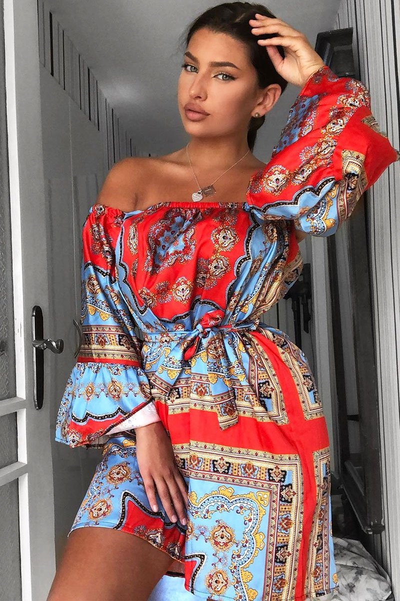 Red Blue Bardot Belted Scarf Print Dress - Kessa Rebellious Fashion Red Blue Bardot Belted Scarf Print Dress - Kessa Rebellious Fashion