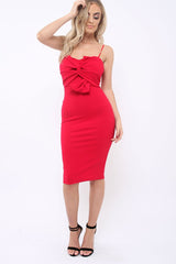 Red Bow Front Bodycon Midi Dress - Latisha-Dresses