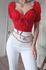 Red Bow Front Ruched Detail Top - Charlie-Tops