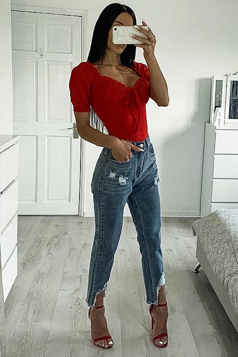 Red Bow Front Ruched Detail Top - Charlie-Tops