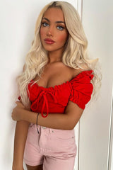 Red Bow Front Ruched Detail Top - Charlie-Tops