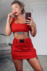 Red Buckle Cargo Skirt and Crop Top Co-ord - Naliyah-Co-ords