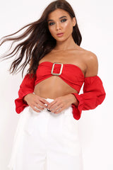 Red Buckle Front Extreme Bardot Crop Top - Theora-Crop Tops