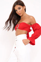 Red Buckle Front Extreme Bardot Crop Top - Theora-Crop Tops