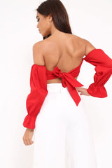 Red Buckle Front Extreme Bardot Crop Top - Theora-Crop Tops